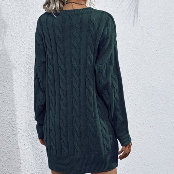teal oversized chunky knit cable sweater dress - Picture 3 of 6